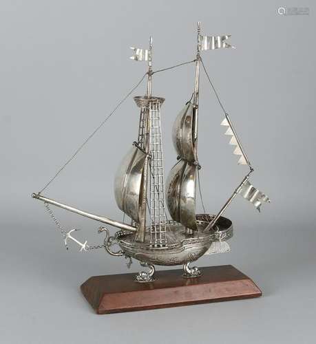 Silver sailing ship, 835/000, on wooden base. Two