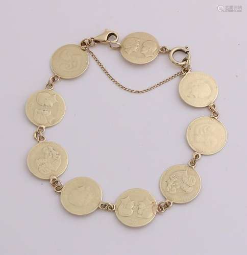 Special yellow gold bracelet with 9 medals, 585/000.