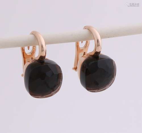 Rose gold earrings, 585/000, with smoky quartz.