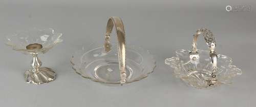 Three crystal sweet dishes with silver, 835/000, of