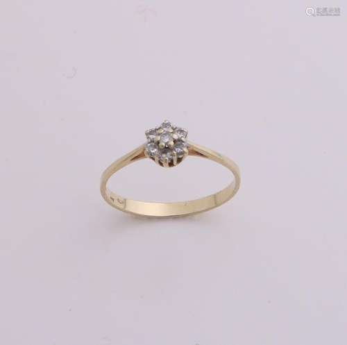 Yellow gold ring rosette, 585/000, with diamond. Fine