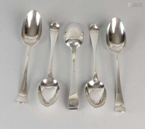Five 18th century 925/000 silver spoons with initials
