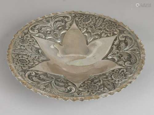 Driven round silver tray, 800/000, with wavy edge