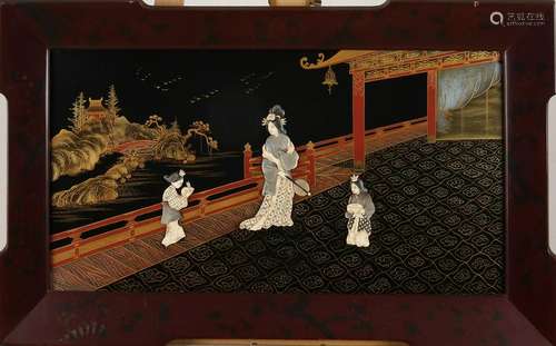 Antique Japanese lacquer panel in list. With Geisha and