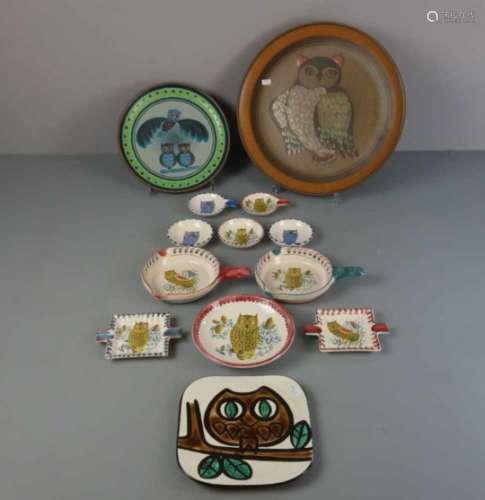 KONVOLUT KERAMIK / SAMMELTELLER MIT EULENDEKOR / ceramic plates, Keramik, farbig gefasst,