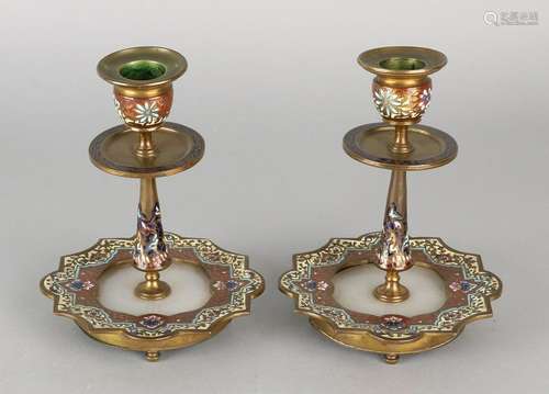 Two antique brass cloisonne candle chandeliers. Circa