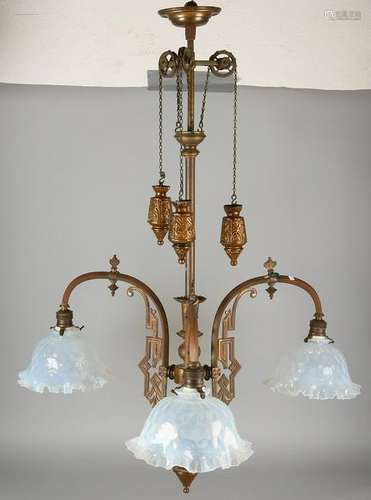 Large antique three-light brass Jugendstil original gas