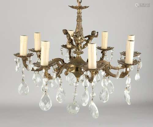 Italian brass ceiling light with crystal and putti.