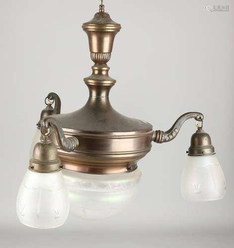 Four-light Art Deco lamp of brass with original glass