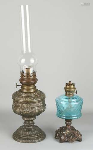 Two antique kerosene lamps. Circa 1900. Size: 28-55 cm.