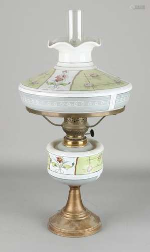 Antique Art Nouveau painted opaline kerosene lamp.