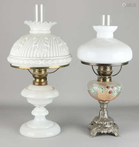 Two antique oil lamps with glass containers. Circa