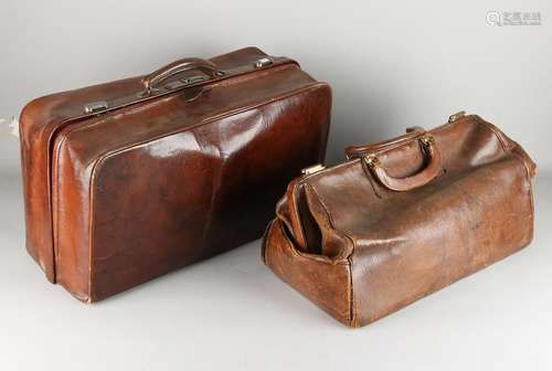 Two old brown leather doctor bags. Circa 1930 - 1950.