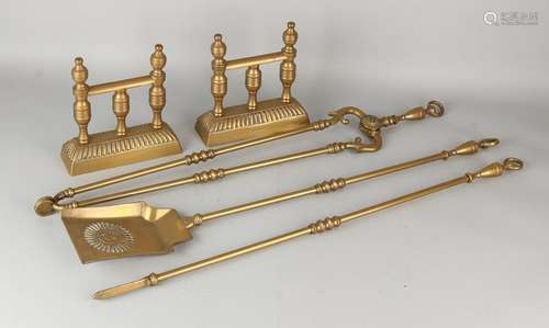 Former five-piece brass fireplace set. 20th century.