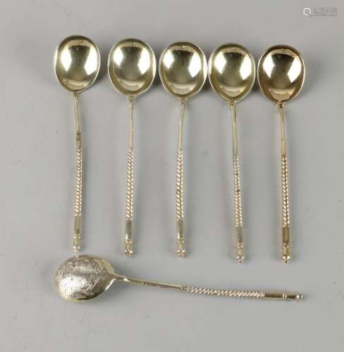 Six silver spoons, 84 zolotniks, 875/000, provided with