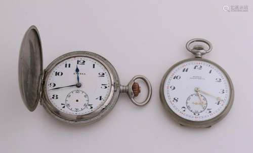 Two pocket watches, white metal, one Eterna watch with