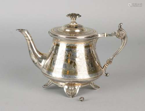Silver teapot, 934/000, ornate carvings of warriors and