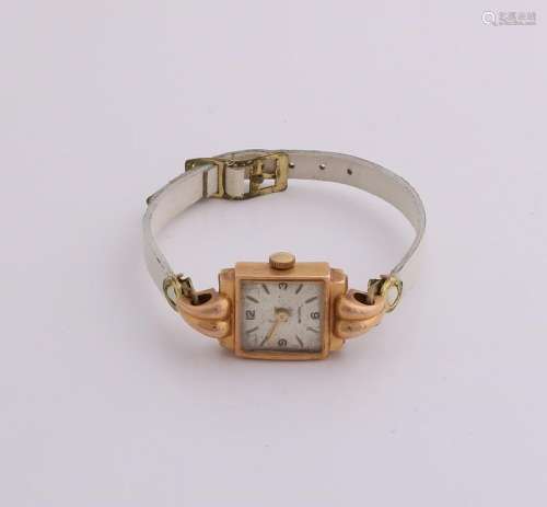 Yellow gold watch with leather strap, 750/000. Watch