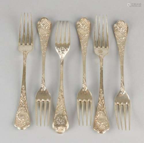 Six silver forks, 800/000, richly decorated with floral