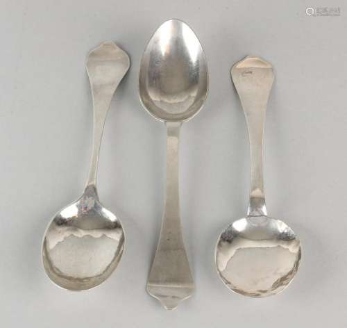 Three silver spoons, 18th century, spoon with a round