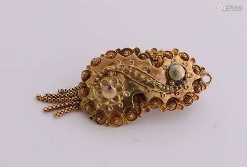 Yellow gold region brooch, 585/000, pear-shaped model