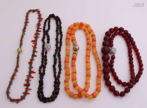 Four necklaces with gemstones include honey agate,