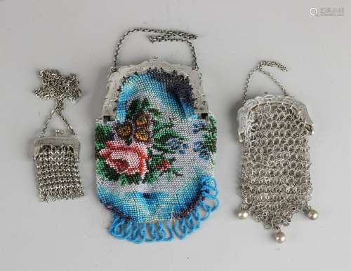 Three purses, a purse with a bead pouch provided with a