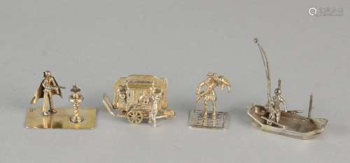 Lot 4 silver miniatures, 835/000, a magician, a boat,
