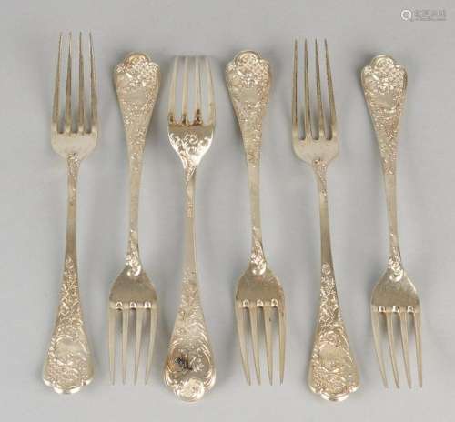 Six silver forks, 800/000, richly decorated with floral