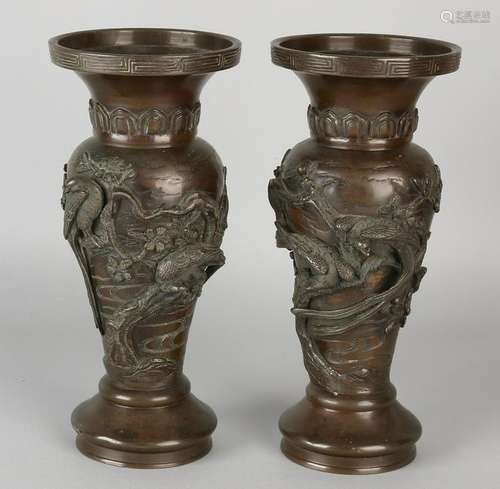 Two 19th century Chinese bronze vases with birds of