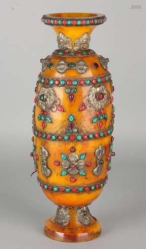 Oriental vase lined with semi-precious stones. 20th