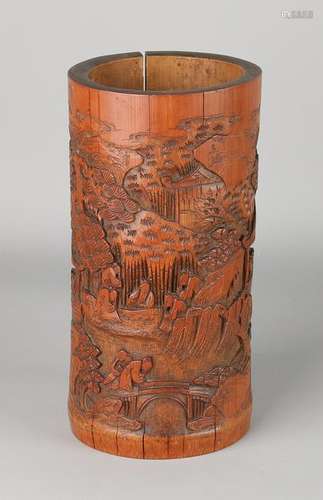 Antique Chinese wood inserted bamboo penselenpot with