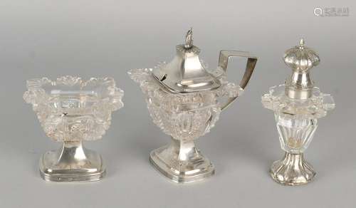 Crystal spreader, mustard bowl and spice tray with