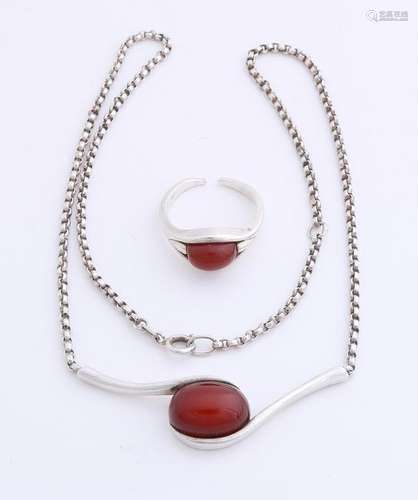 Silver and choker ring, 925/000, with agate. Choker and