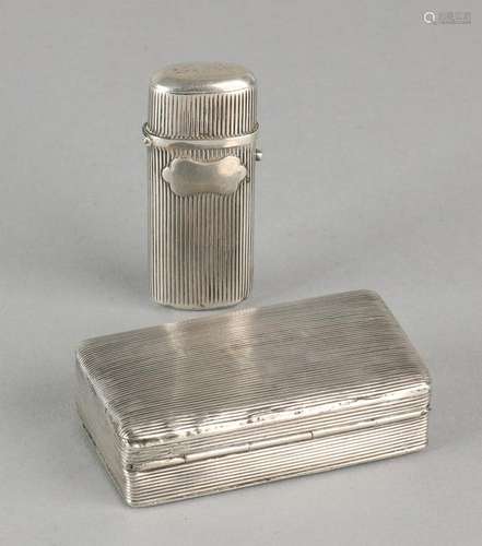 Silver snuff and sulfur stick box, 833/000, both