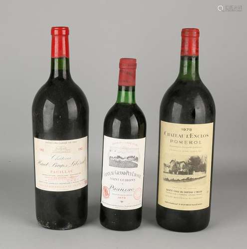 Three bottles of red wine. Comprising: 1975 Chateau L