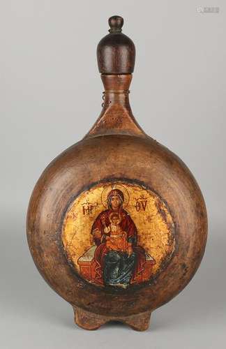 19th Century Greek wooden jug with icon-painting and