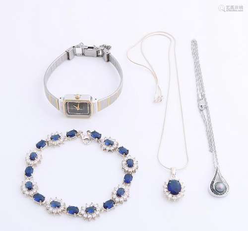 Silver jewelry set and a bicolour bulova watch,