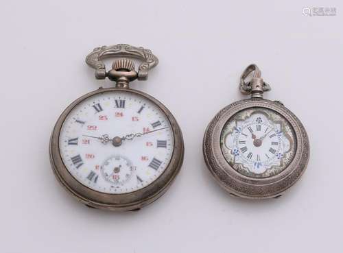 Two silver pocket watches, 800/000, with white enamel