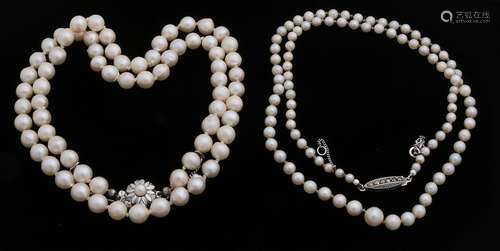 Two necklaces with cultivated pearls includes silver