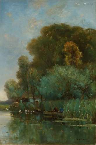 W.H. Eickelberg. 1845 - 1920. River view with fishermen