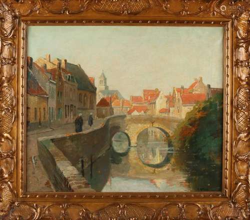 W. A. Cut. 1883 - 1967. Canal View Bruges. Oil on