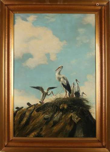 Unsigned. Anno 1899. Storks nest. Oil on linen. Size: