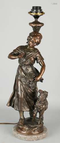 Antique metal lamp base composition. Moreau. Woman with