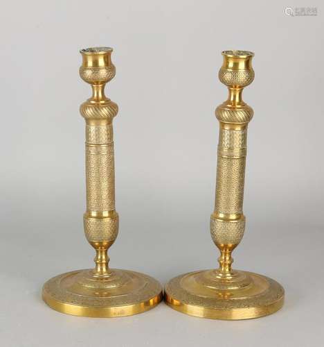 Two 18th century gilded brass candle candlesticks