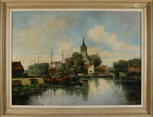 van Santen? Circa 1900. Dutch harbor scene. Oil on