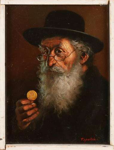 P. H. Topalski. Jewish man with hat and gold coin. Oil