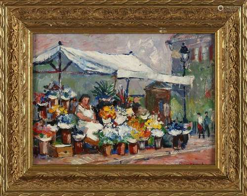 Fons Verstraeten. 1922 - 2017. Flower Market. Oil paint