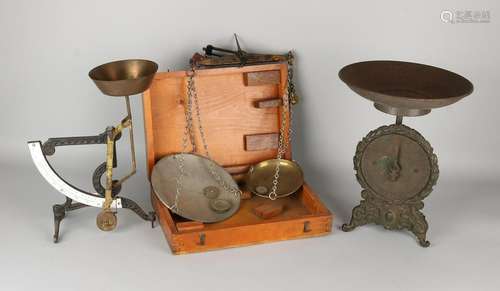 Three antique scales. One time English balance scale in