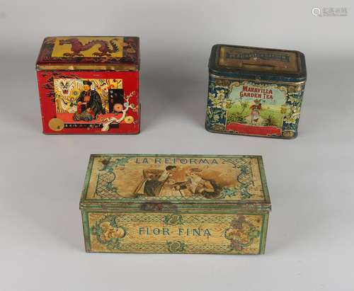 Three antique tea tins. Comprising: Chinese tea tin,